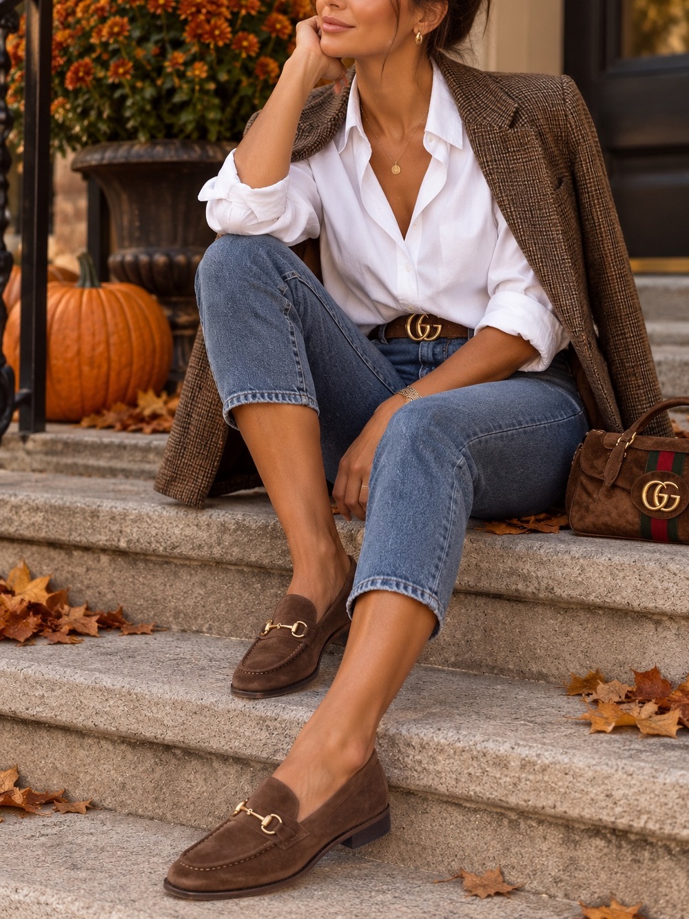 Brown Suede Loafers with Gold Buckle